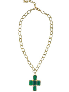 Emerald green cross necklace with link chain