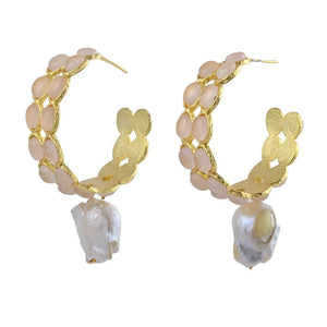 Senka Earrings - Rose Quartz and Baroque Pearls - CELESTINE - Designer Earrings